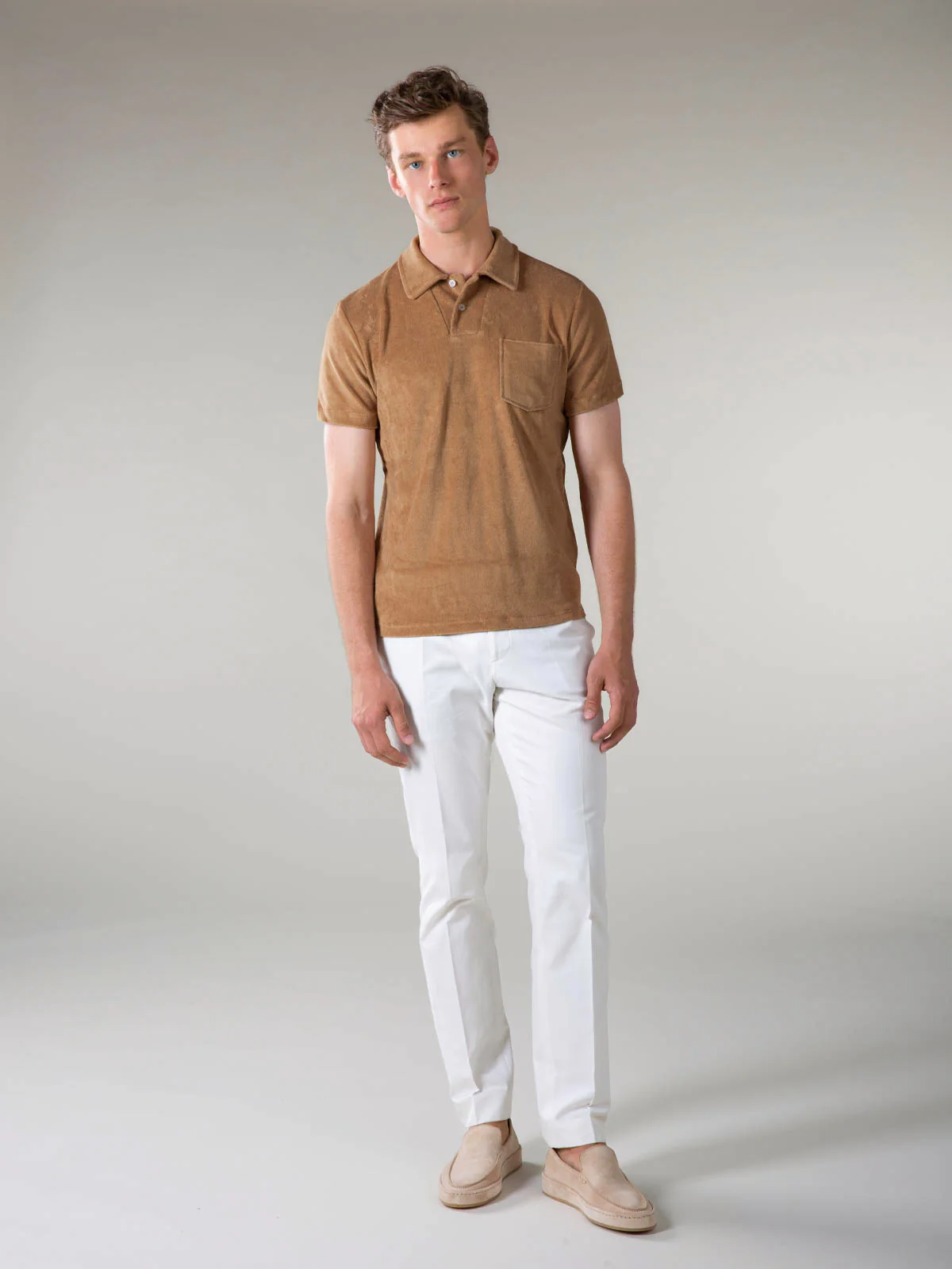 Caramel Terry Towelling Polo Shirt - Image 6
