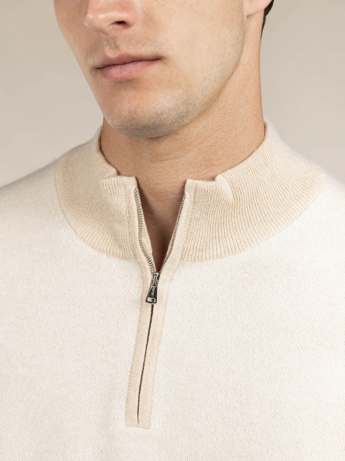 Light Beige Jaquard Zipper Sweater - Image 3