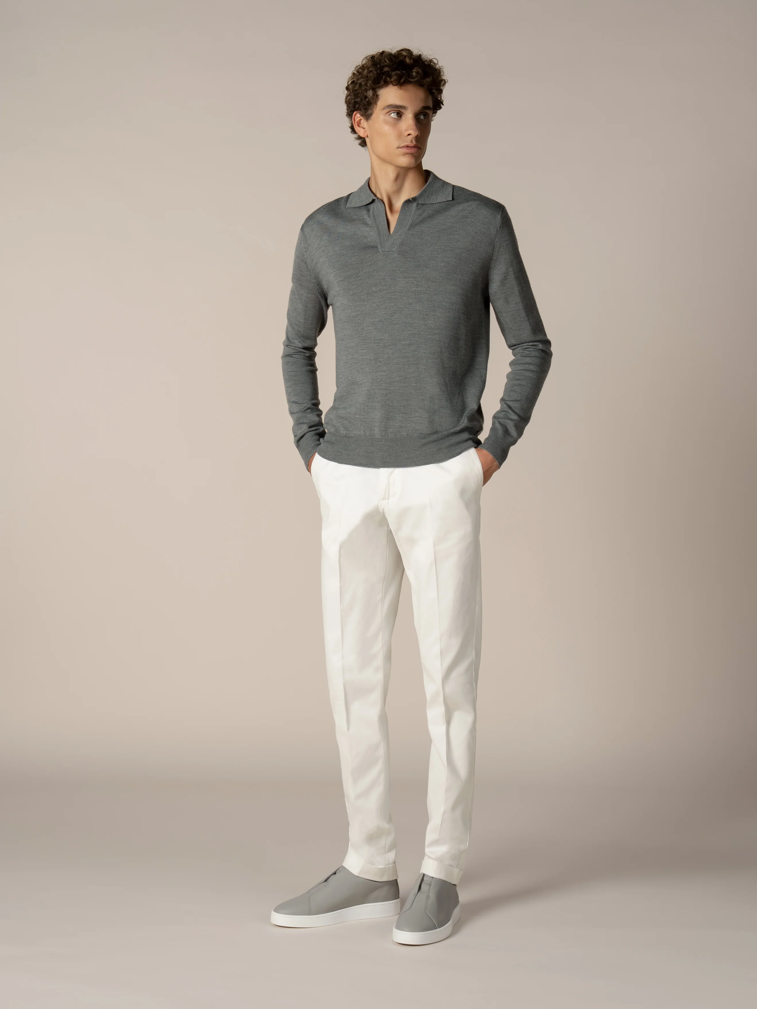 Extrafine Merino Buttonless Polo Dark Grey - Image 6