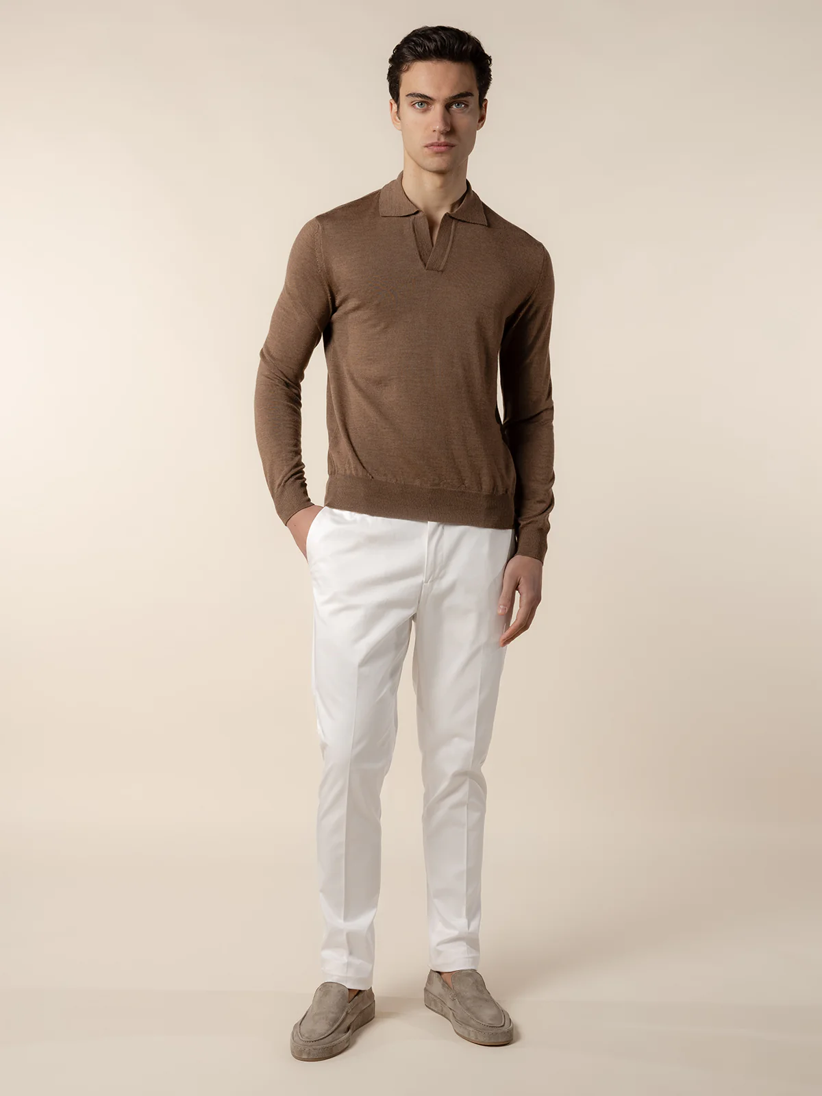 Extrafine Merino Buttonless Polo Golden Brown - Image 6