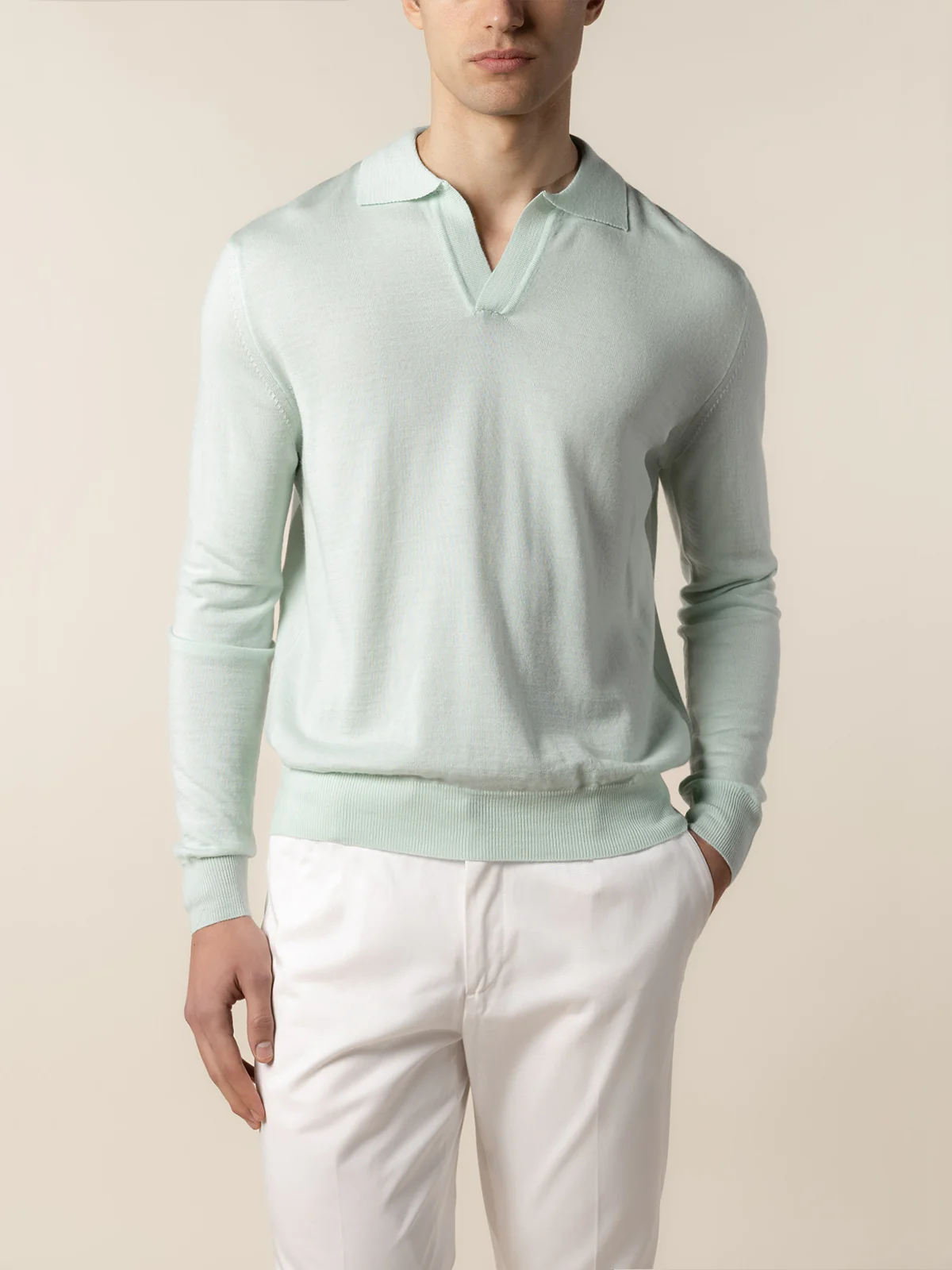 Extrafine Merino Buttonless Polo Light Green - Image 2