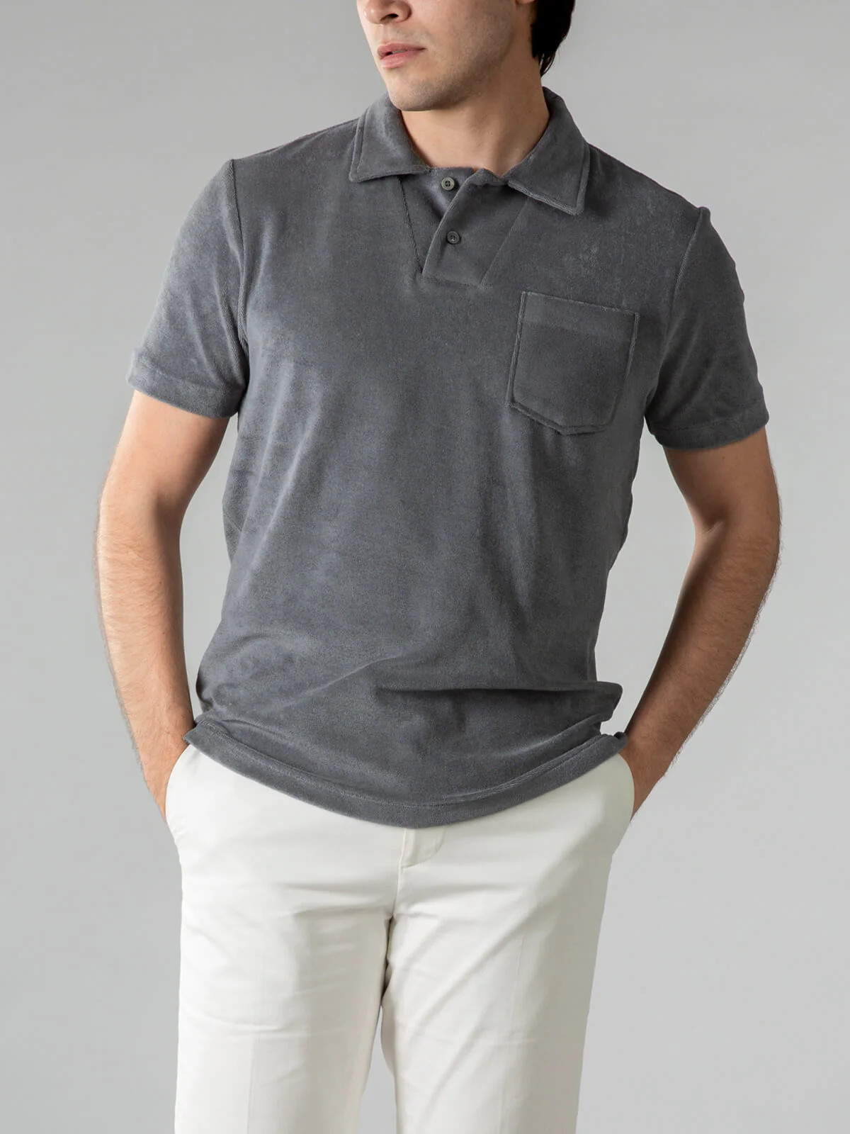 Dark Grey Terry Towelling Polo Shirt - Image 3