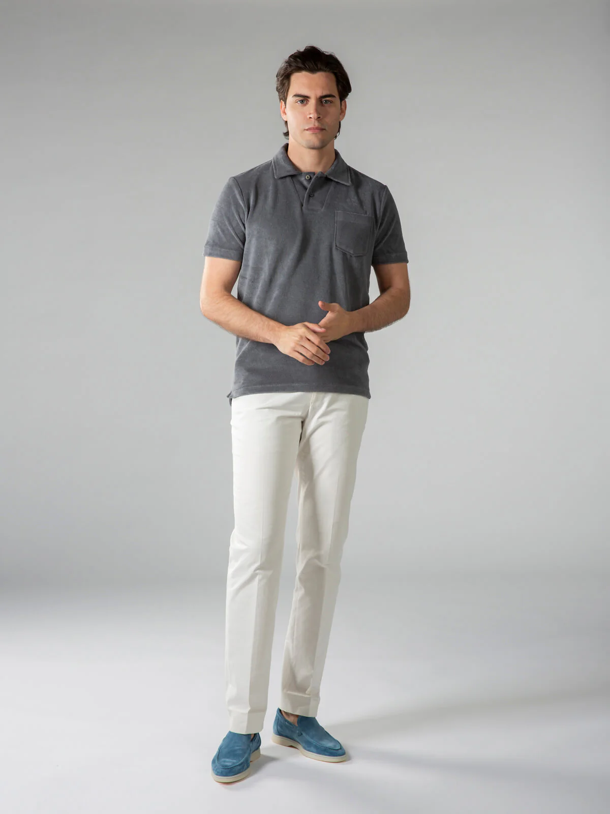 Dark Grey Terry Towelling Polo Shirt - Image 7