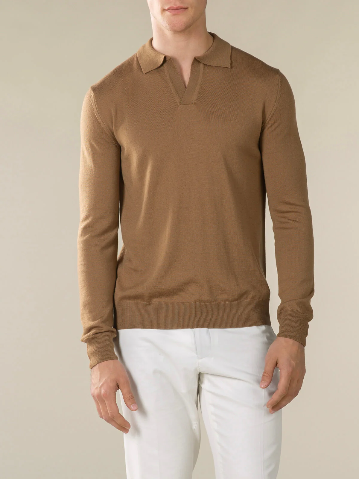 Extrafine Merino Buttonless Polo Caramel - Image 2