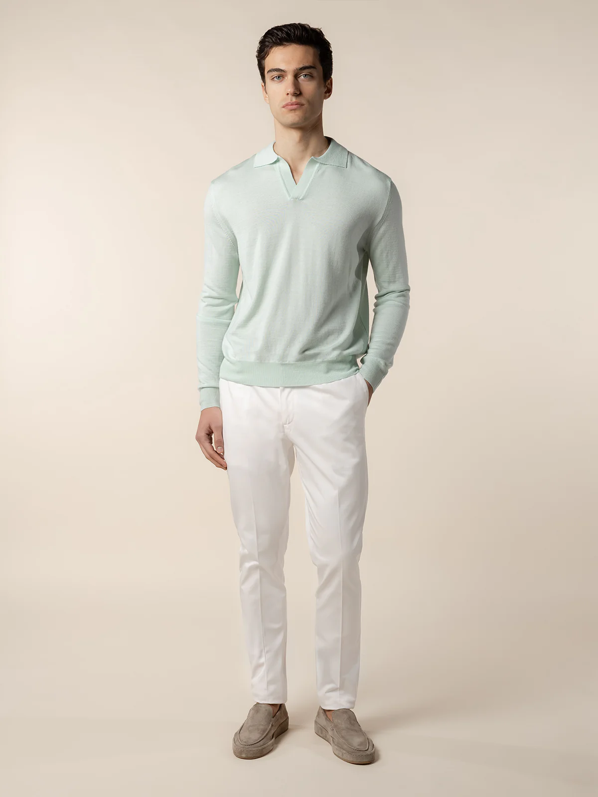 Extrafine Merino Buttonless Polo Light Aqua - Image 6