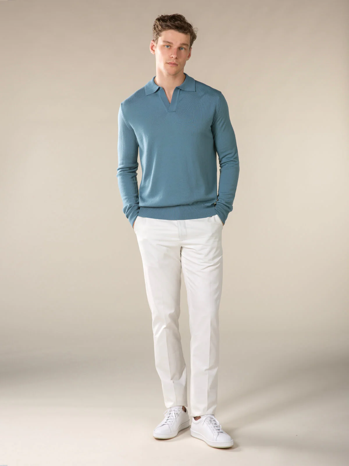 Extrafine Merino Buttonless Polo Sapphire Blue - Image 6