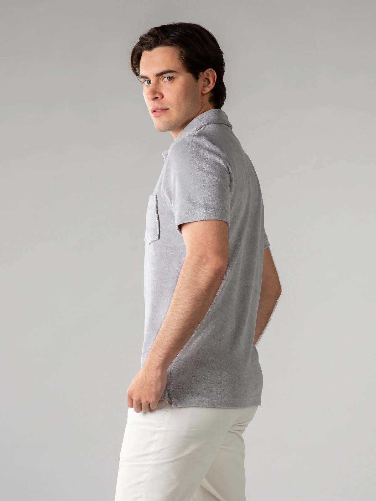 Light Grey Terry Towelling Polo Shirt - Image 4
