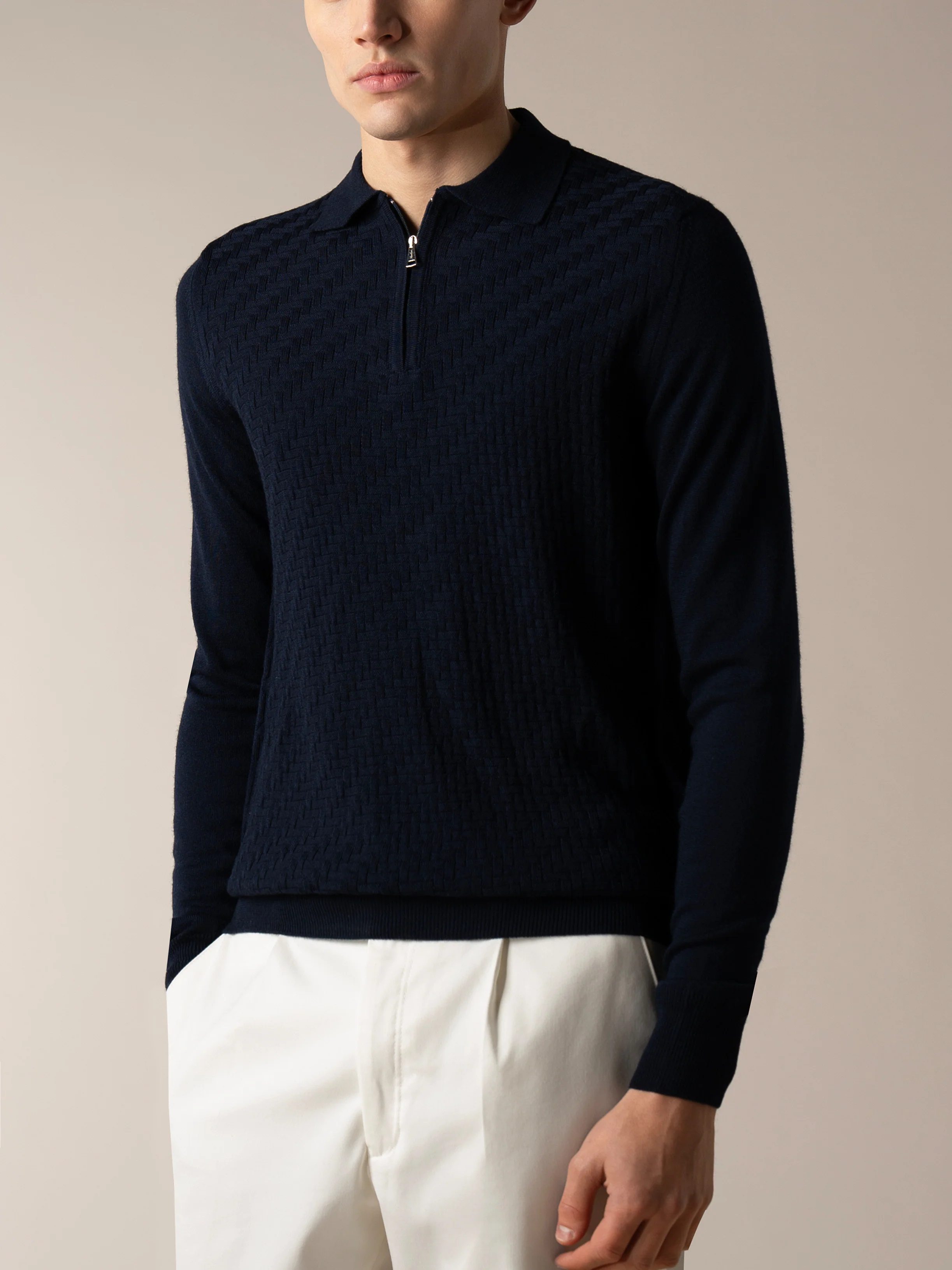 Navy Zipper Polo Basket Weave - Image 2