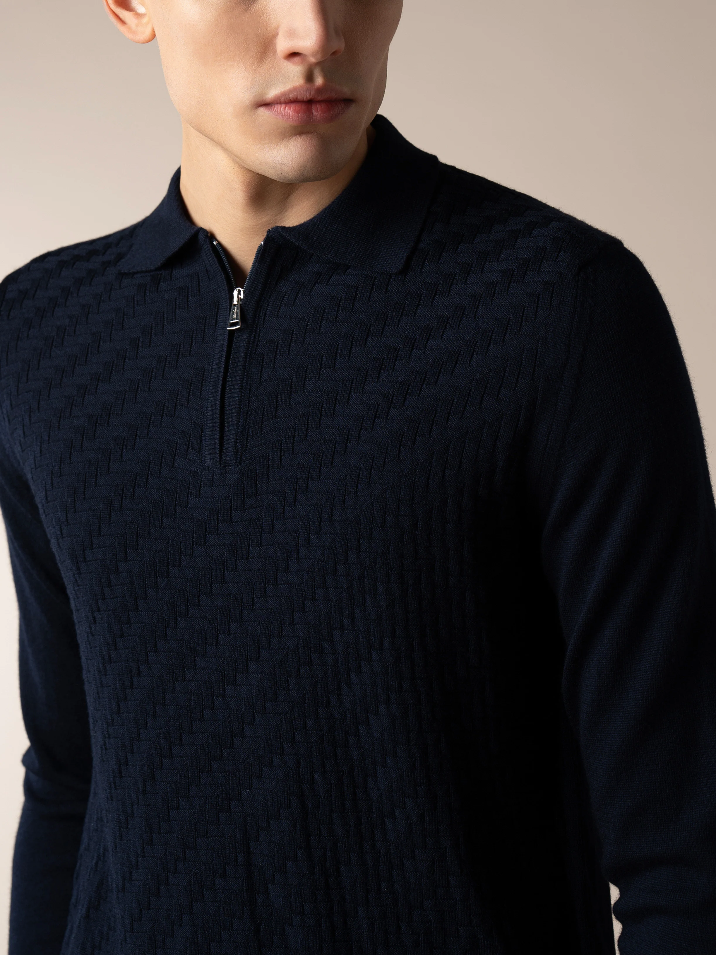 Navy Zipper Polo Basket Weave - Image 4