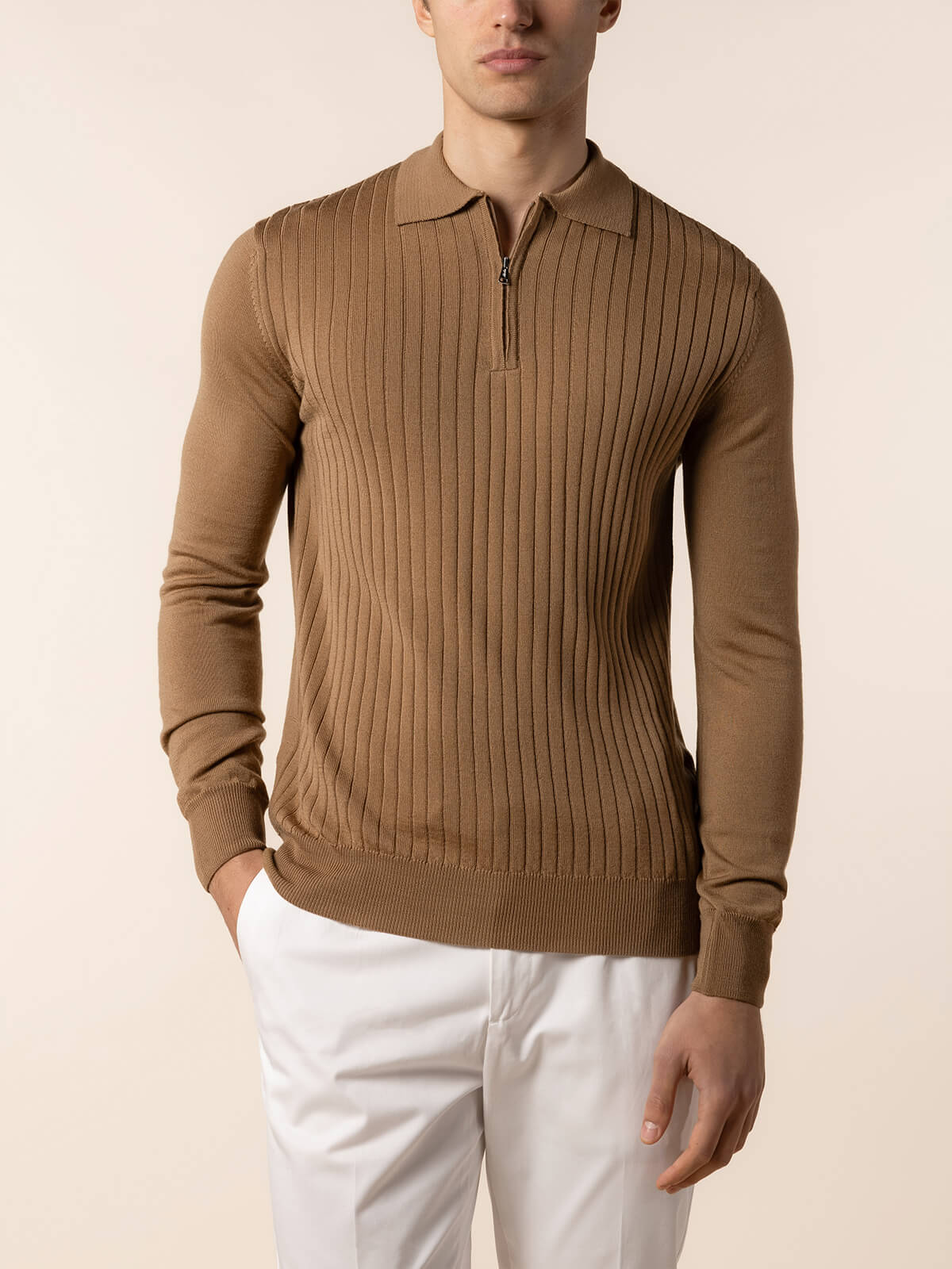 Ribbed Zipper Polo Dark Beige - Image 2