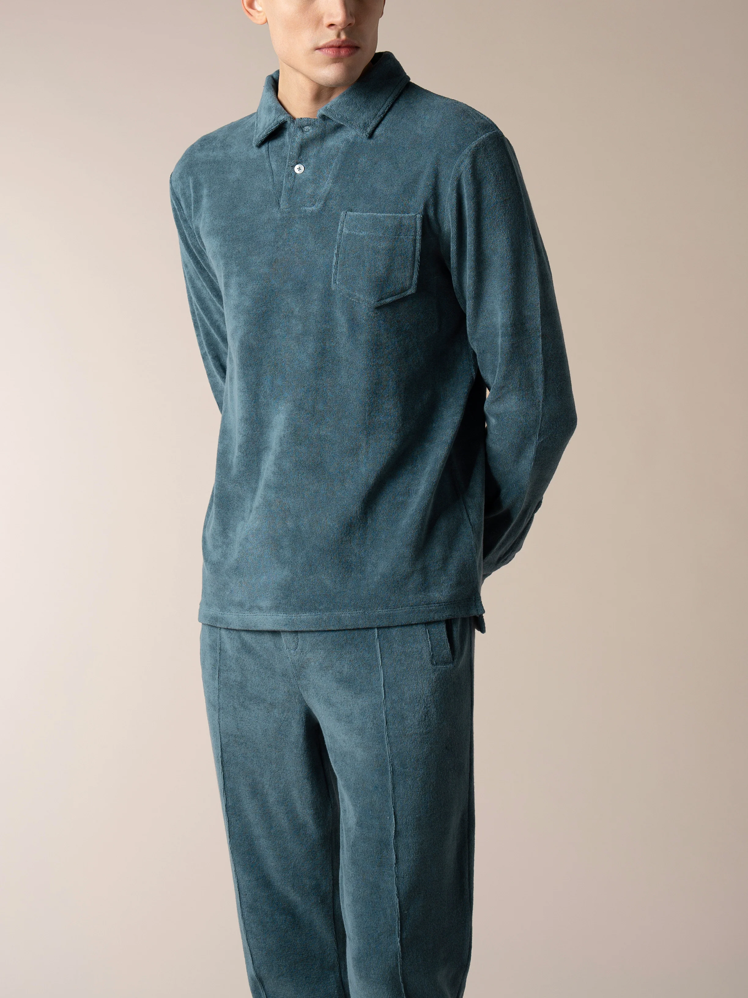 Sea Green Terry Towelling Longsleeve Polo - Image 2