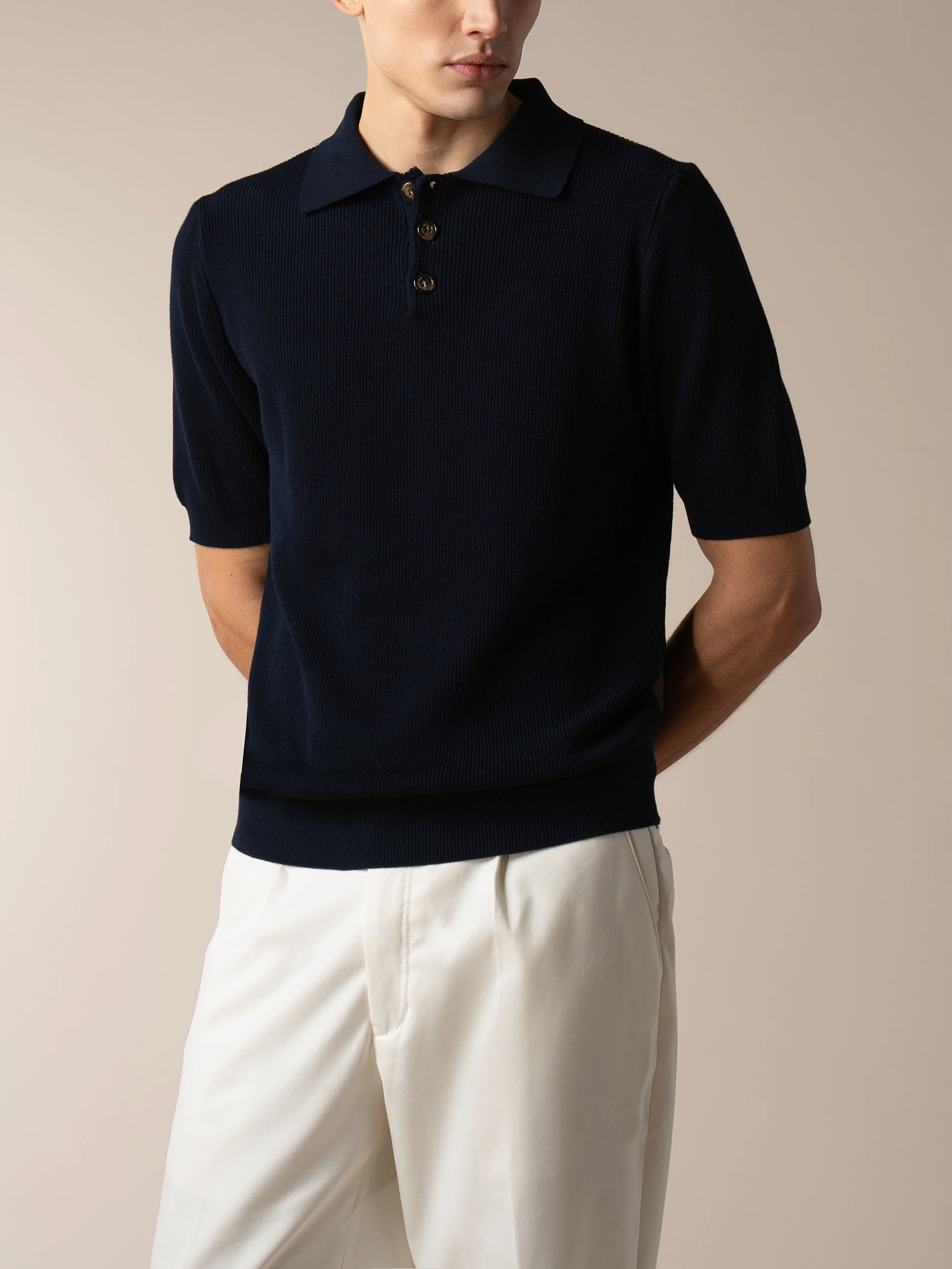 Shortsleeve Ribbed Knitted Polo Navy - Image 2