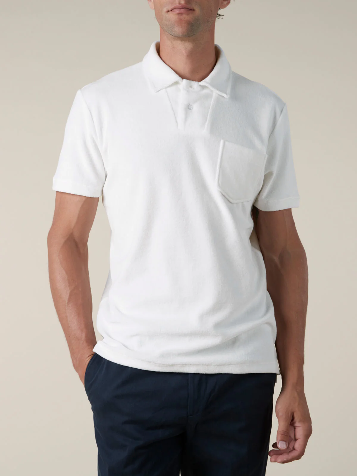 White Terry Towelling Polo Shirt - Image 2