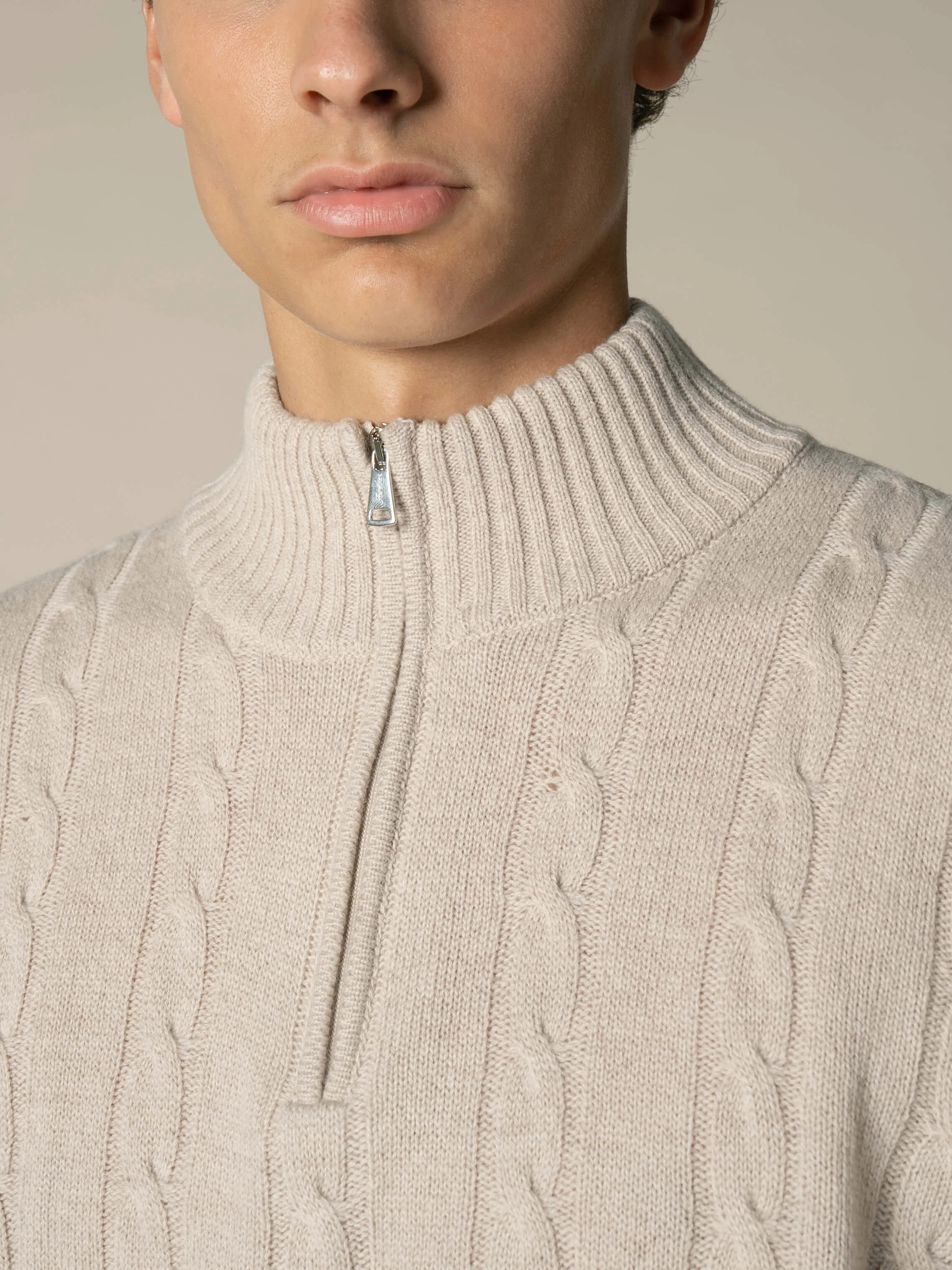 Zipper Cable Sweater Light Beige - Image 4